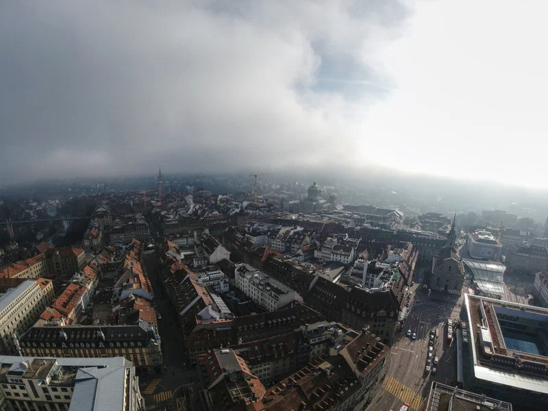 Cities can look nice in the fog too. Slightly scary moment of that image: Shortly after takeoff, I lost GPS signal for a couple of seconds, with the aircraft flying off to the left very fast. Thankfully, I managed to counteract with the remote and by visual contact until I regained coverage.
