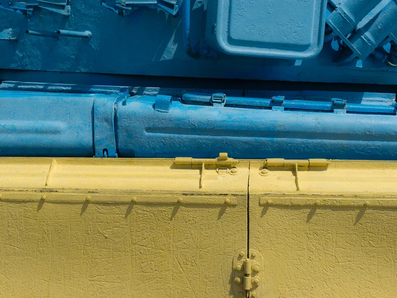 This tank in front of the armed forces museum has been painted in the colours of the Ukrainian flag